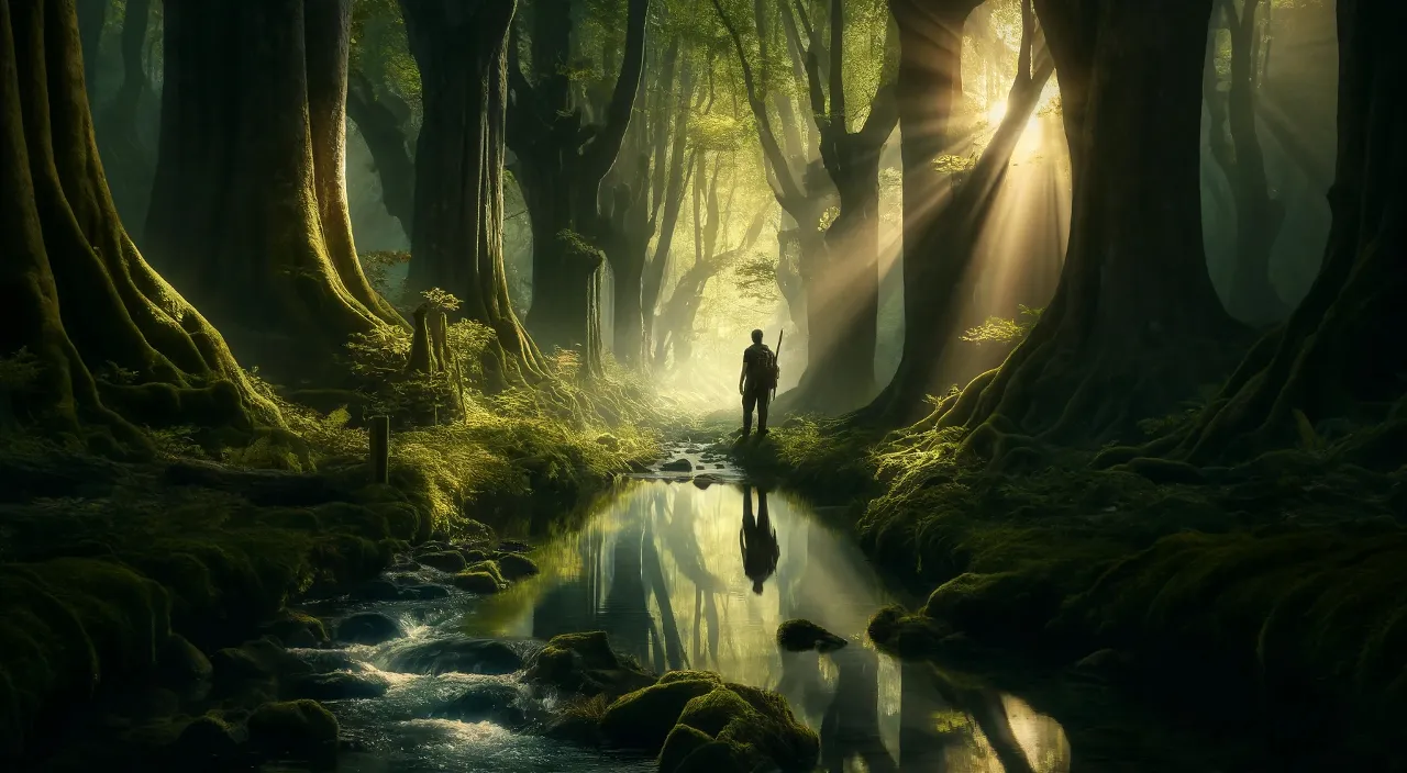 a man standing in the middle of a forest next to a river