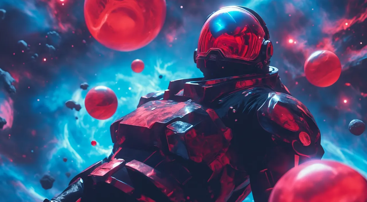 a man in a black space suit surrounded by planets