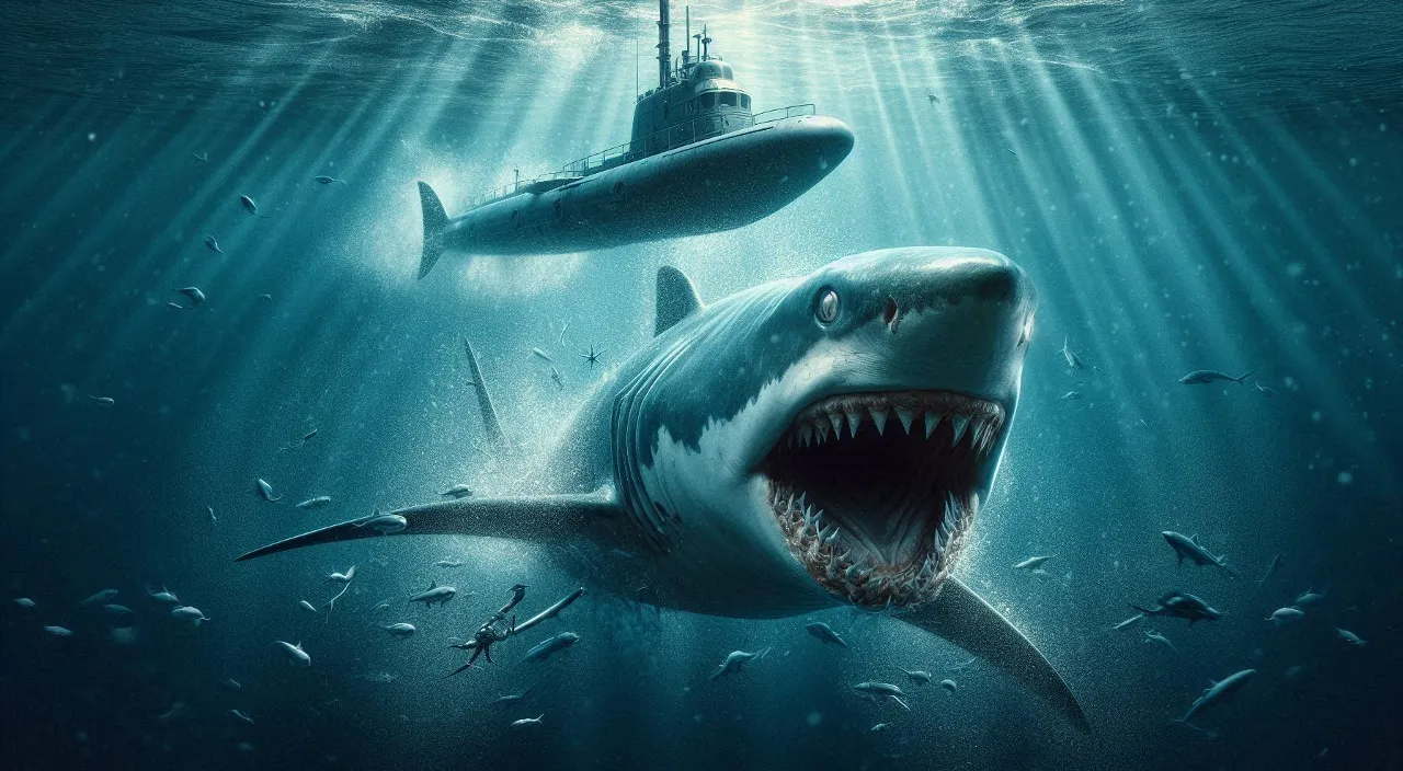 a ship is chasing a shark