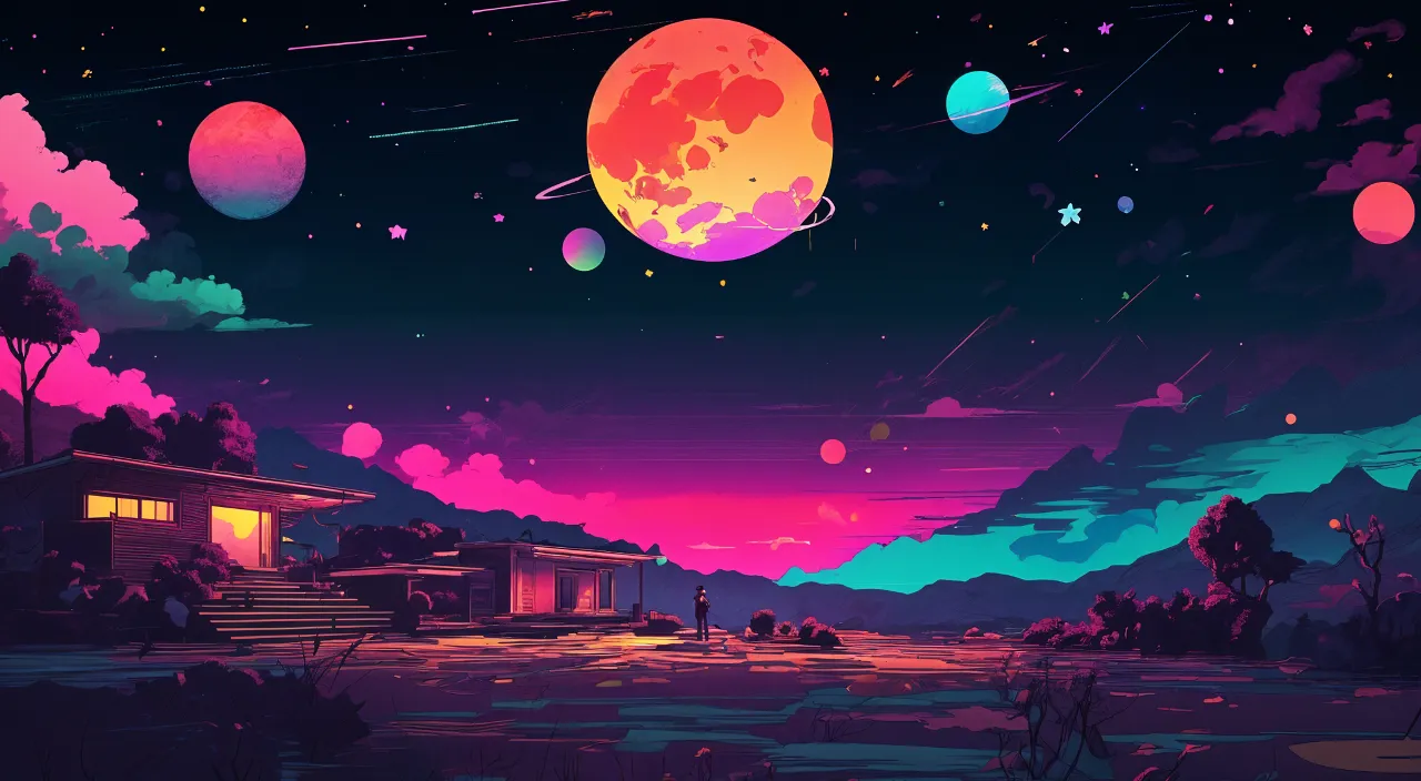 a painting of a sunset with planets in the sky with a small building to the side and a person in the middle