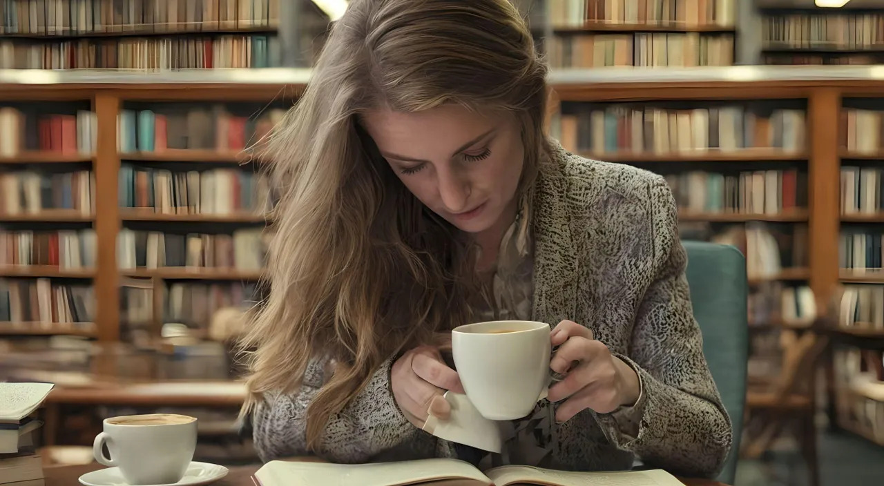 a woman sitting at a table with a book and a cup of coffee