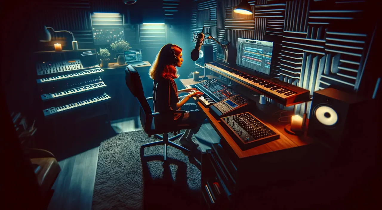 a woman sitting at a desk in front of a computer