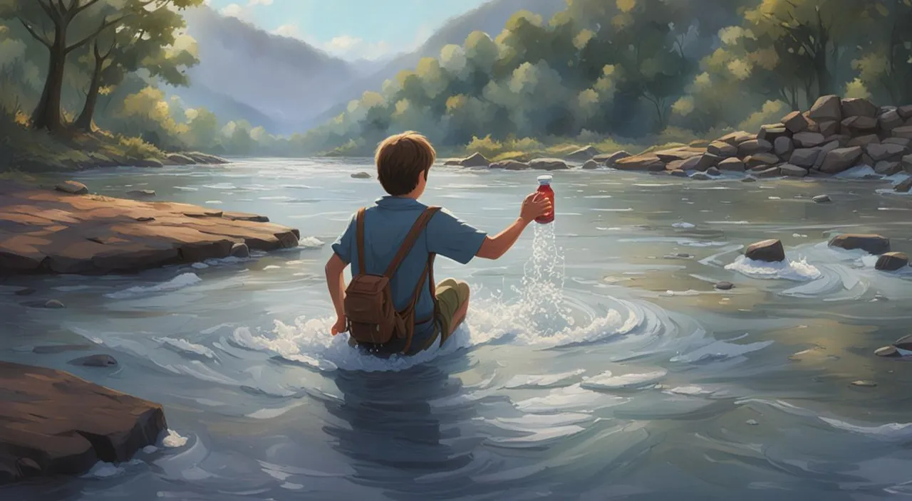 a painting of a boy wading in a river