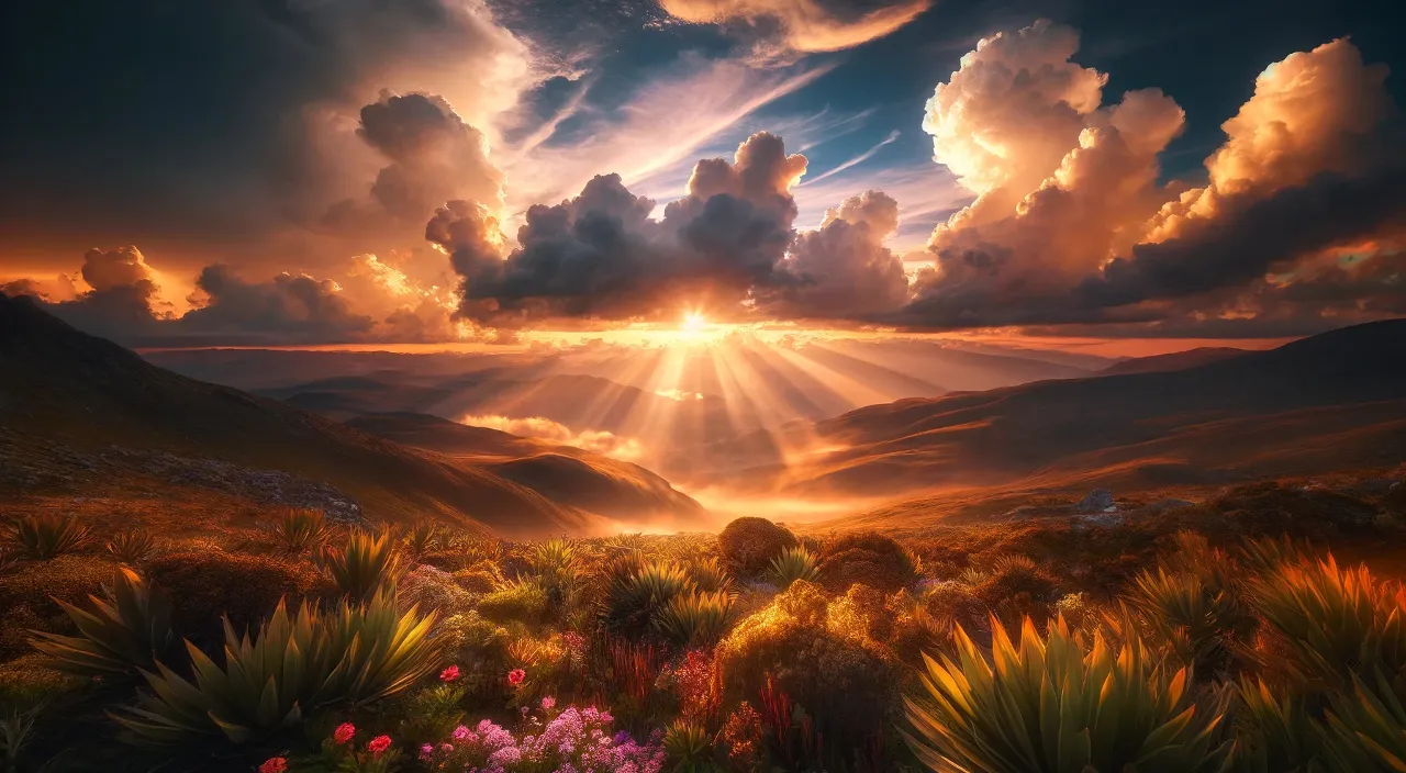 a painting of the sun setting over a mountain rangecloud, sky, plant, atmosphere, light, natural landscape, afterglow, flower, sunlight, highland