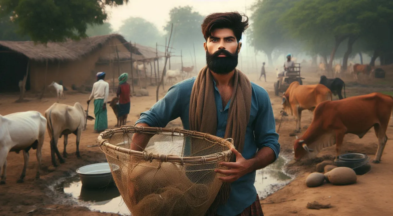 a man holding a big net in front of garden of banana