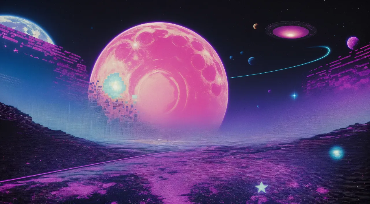 a painting of a pink planet with a lot of stars with the planets and stars moving all around