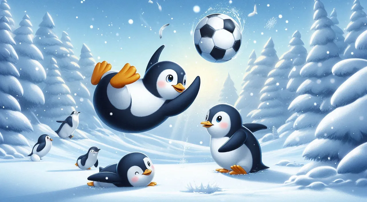 a group of penguins playing with a foot ball