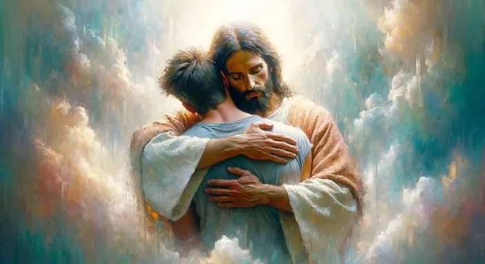 a painting of jesus holding a child in his arms