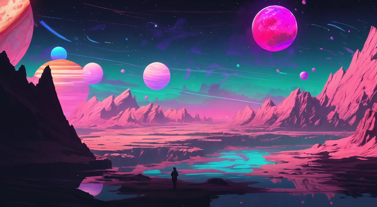 a man standing on a mountain looking at planets