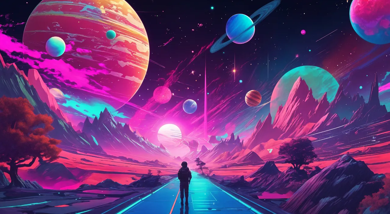 a man standing on a road surrounded by planets