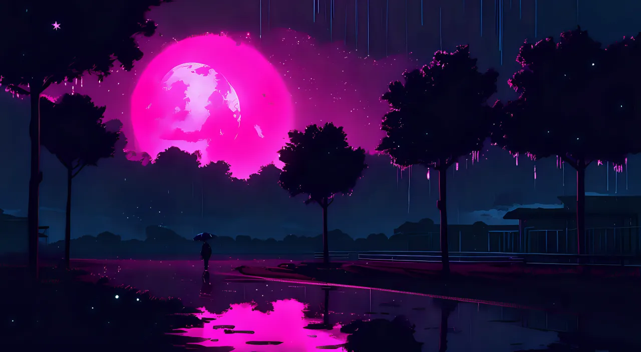 a person standing in the rain under a pink moon