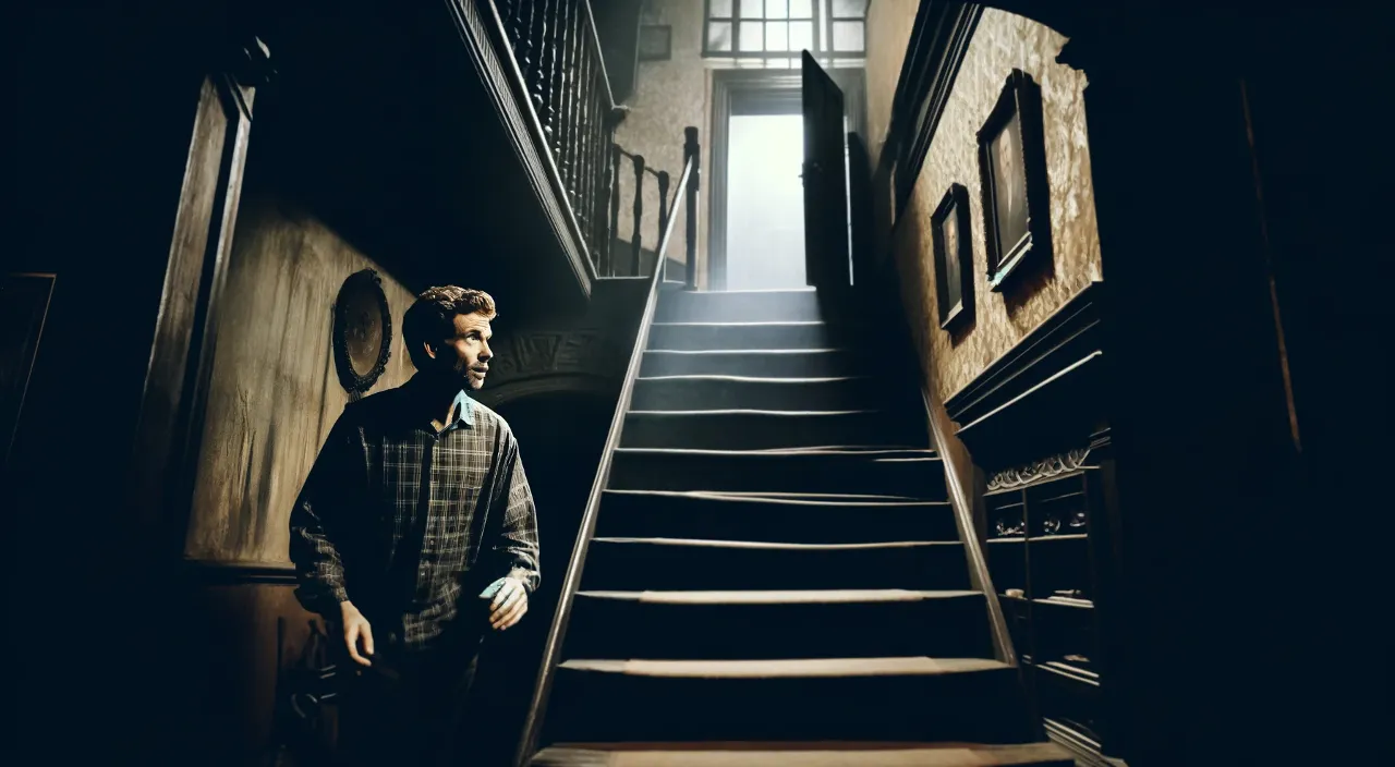 a man standing at the bottom of a flight of stairs