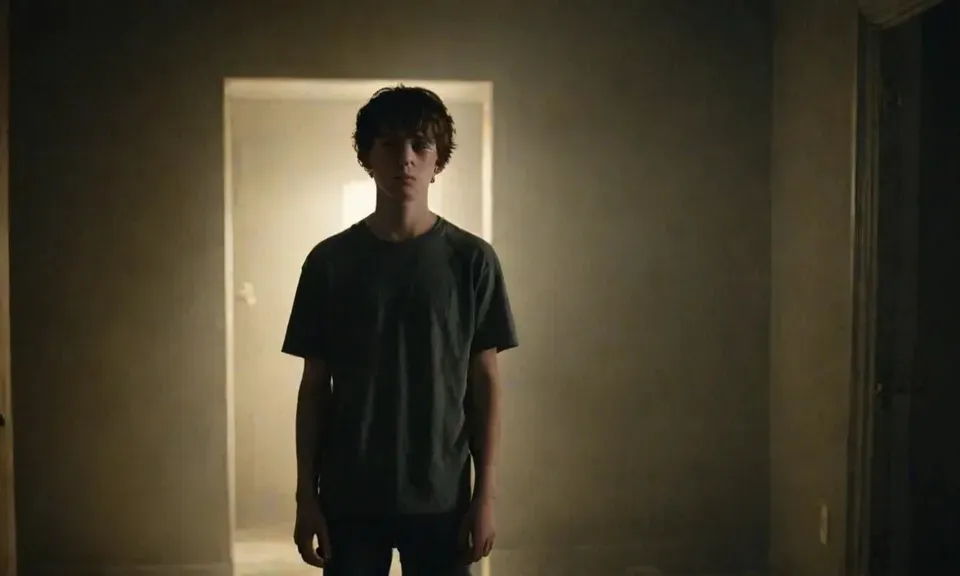 a young man standing in a dimly lit room, light coming from the door behind him, detailed. cinematically dramatic, hyper realistic, cinematic view, stability