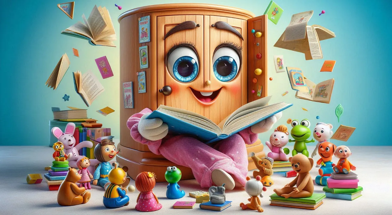 a cartoon character reading a book surrounded by toys