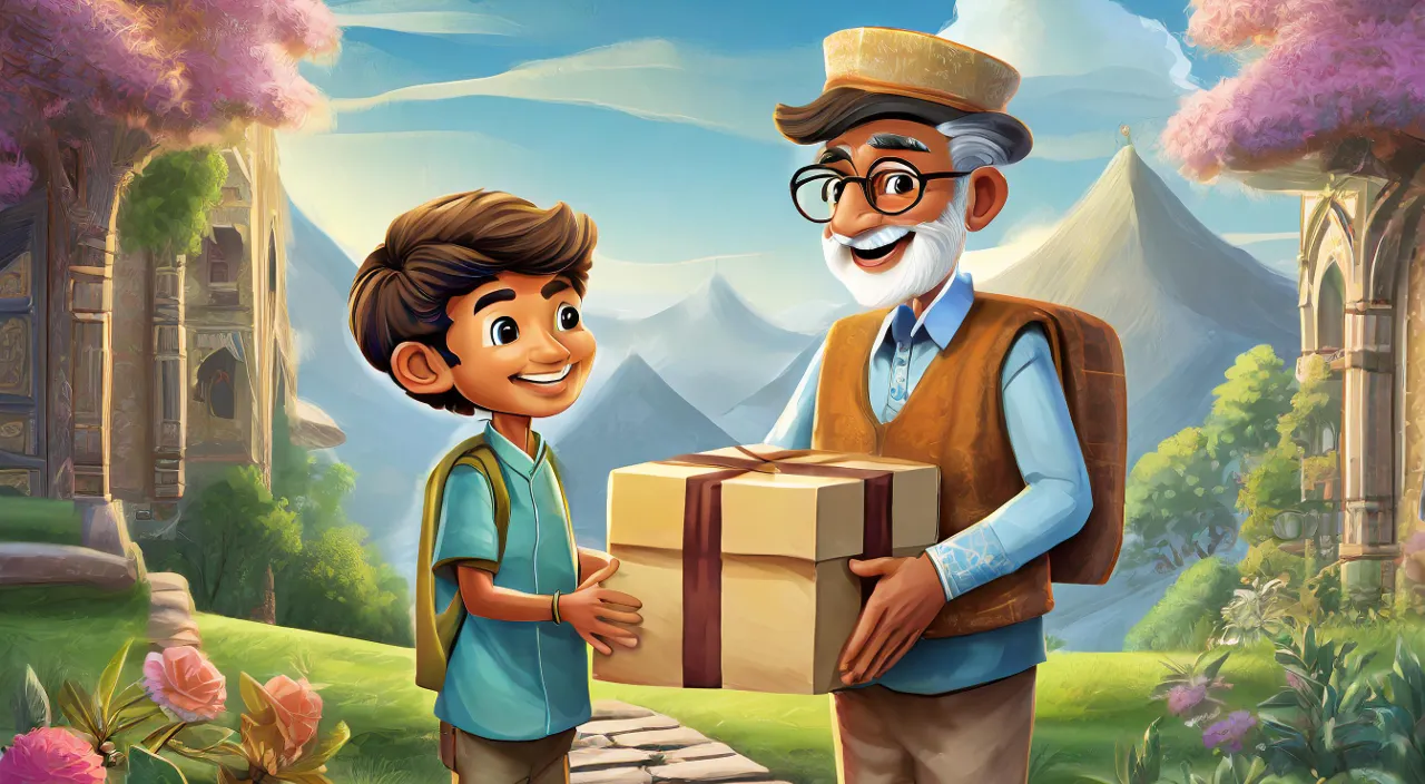 an old man holding a box with a young boy