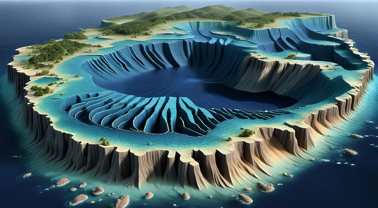 an island with a large blue crater in the middle of it