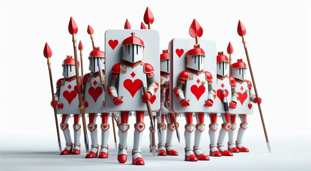 a group of red and white knights standing next to each other