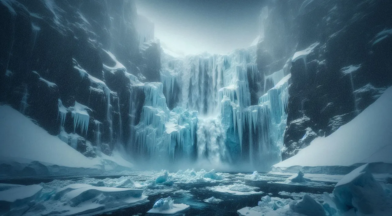 snowfall and a frozen waterfall in the middle of a snowy landscape