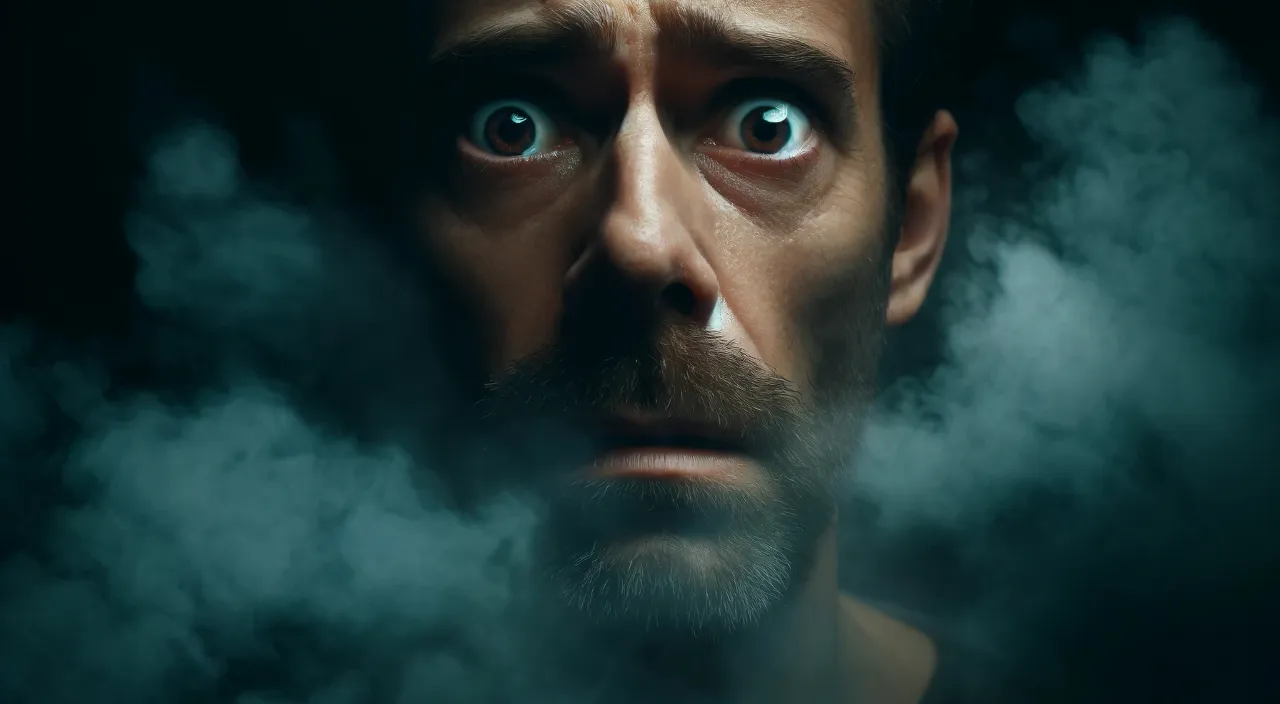 a man with blue eyes stares into the smoke