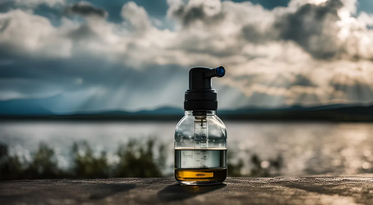 a bottle of liquid sitting on top of a wooden table