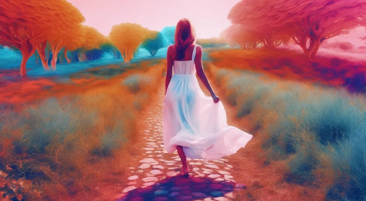 a woman in a white dress walking down a path