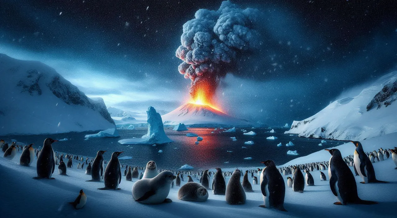 a group of penguins walking in front of a volcano