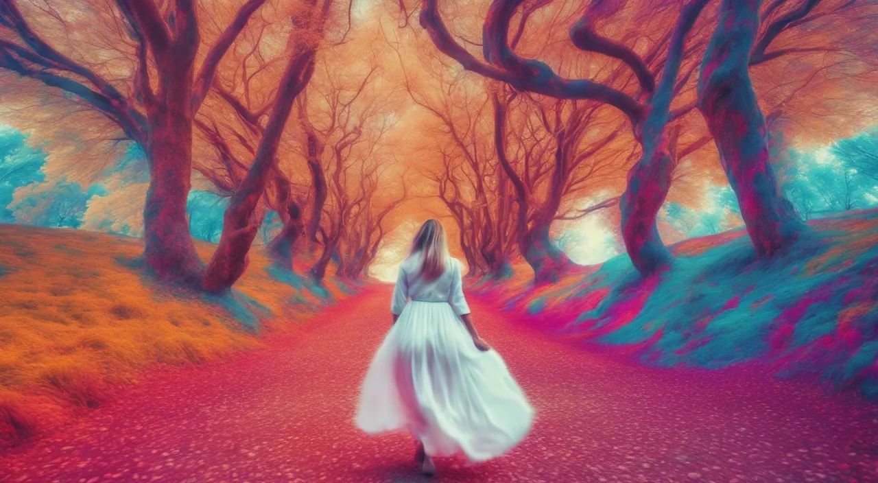 a woman in a white dress walking down a road