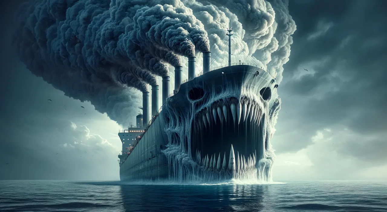 a giant boat with a giant shark face smoking