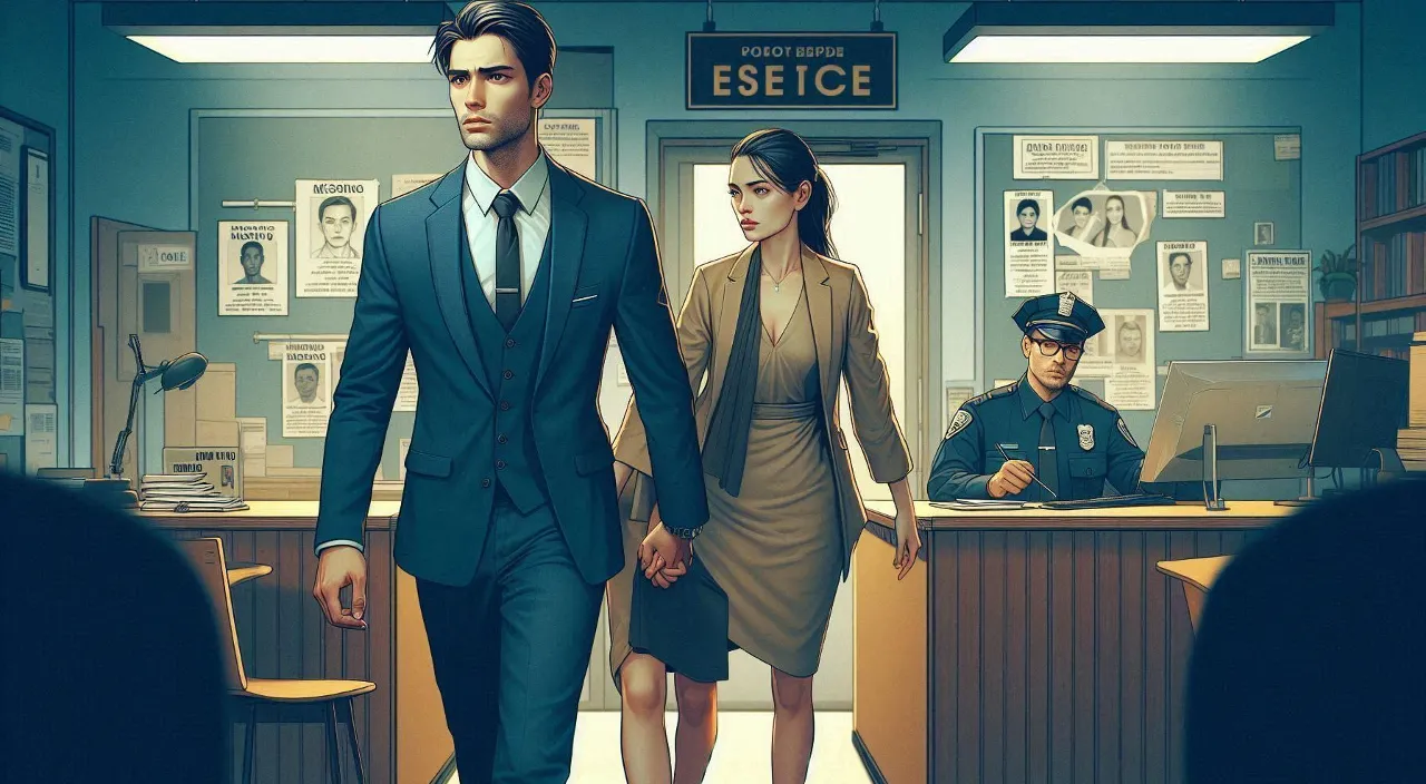 a man and a woman walking down in a police station