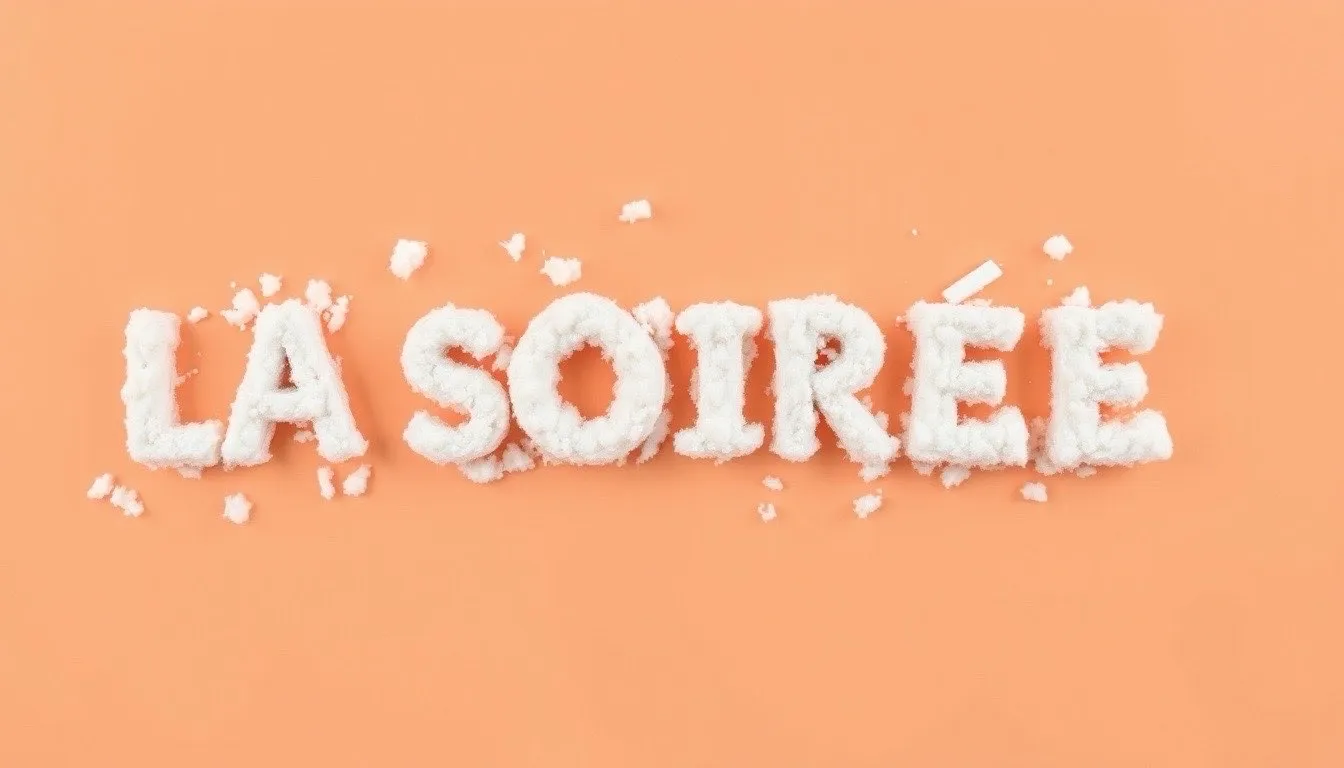 flying debris forming letters “ LA SOIRÉE “, advertising style