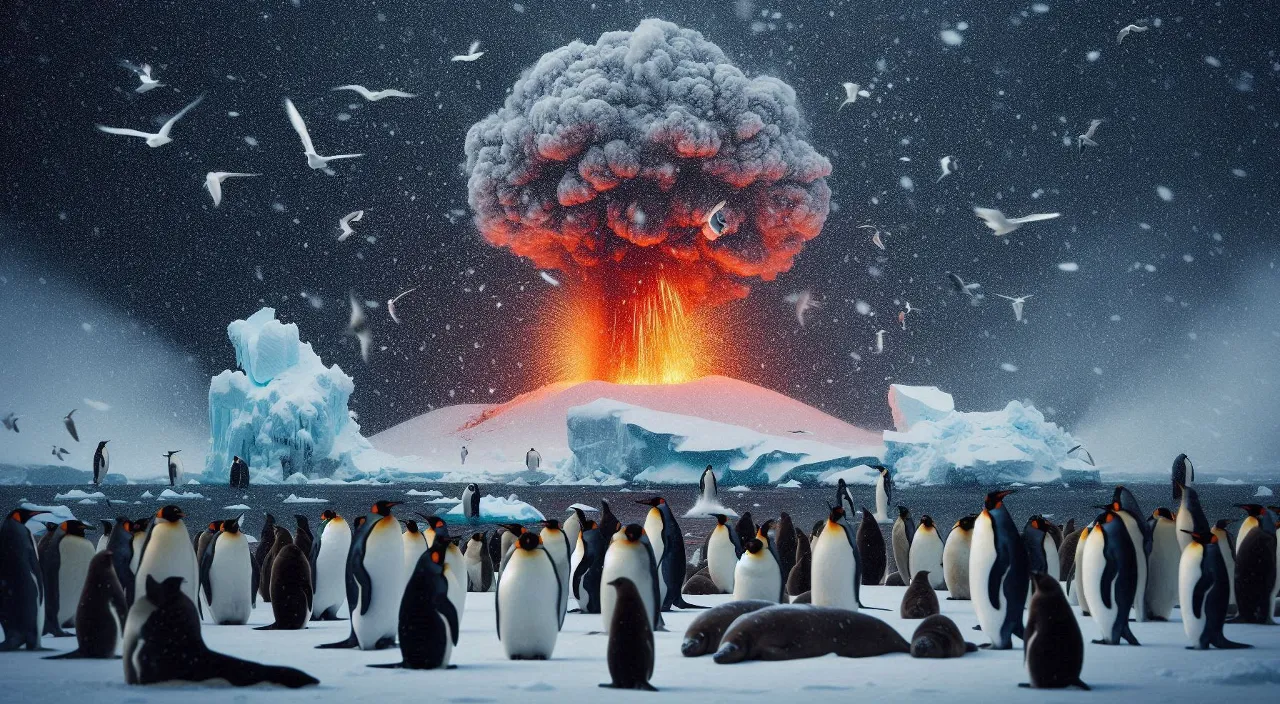 a group of penguins standing in front of a volcano and they are running