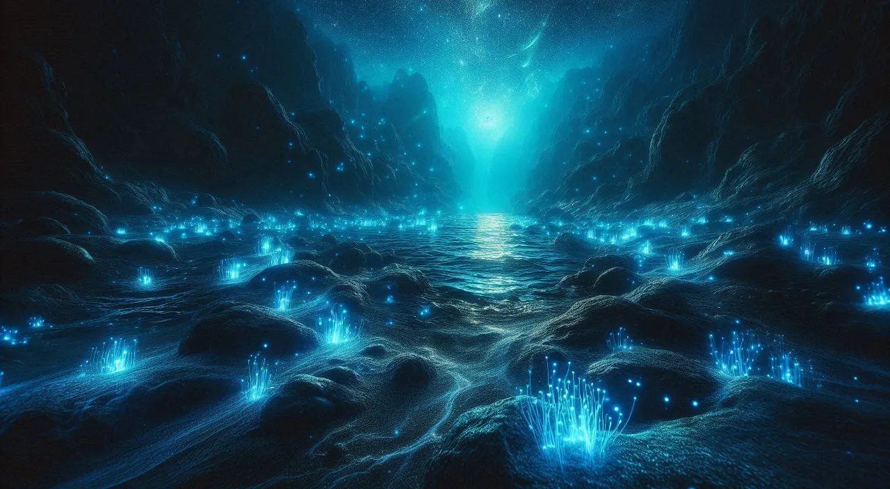 a painting of blue lights in a cave