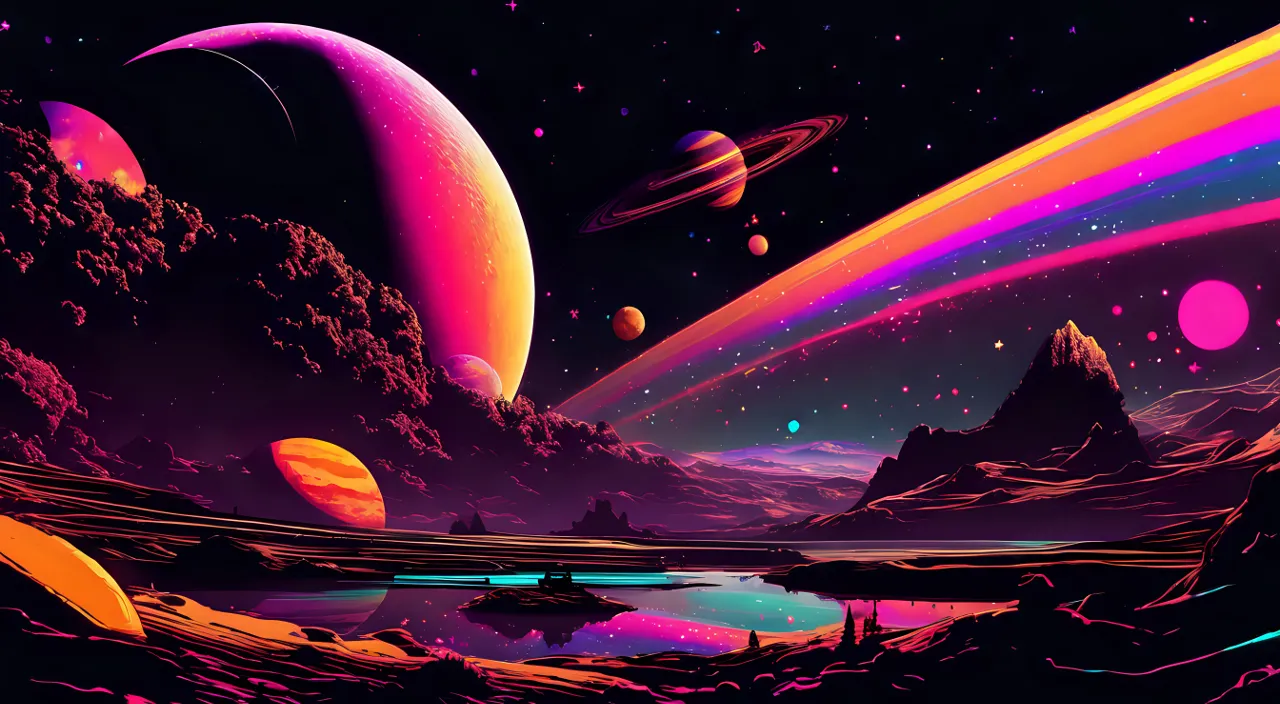 a painting of planets in the night sky with vibrant colors