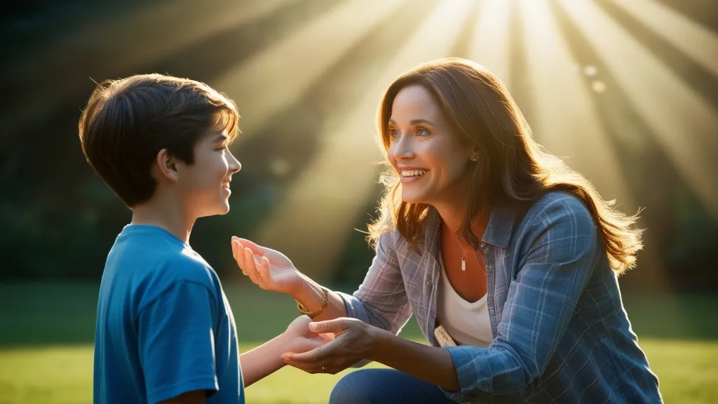 a woman and a boy are sitting in the grass, sun rays, detailed. cinematically dramatic, hyper realistic, cinematic view, stability