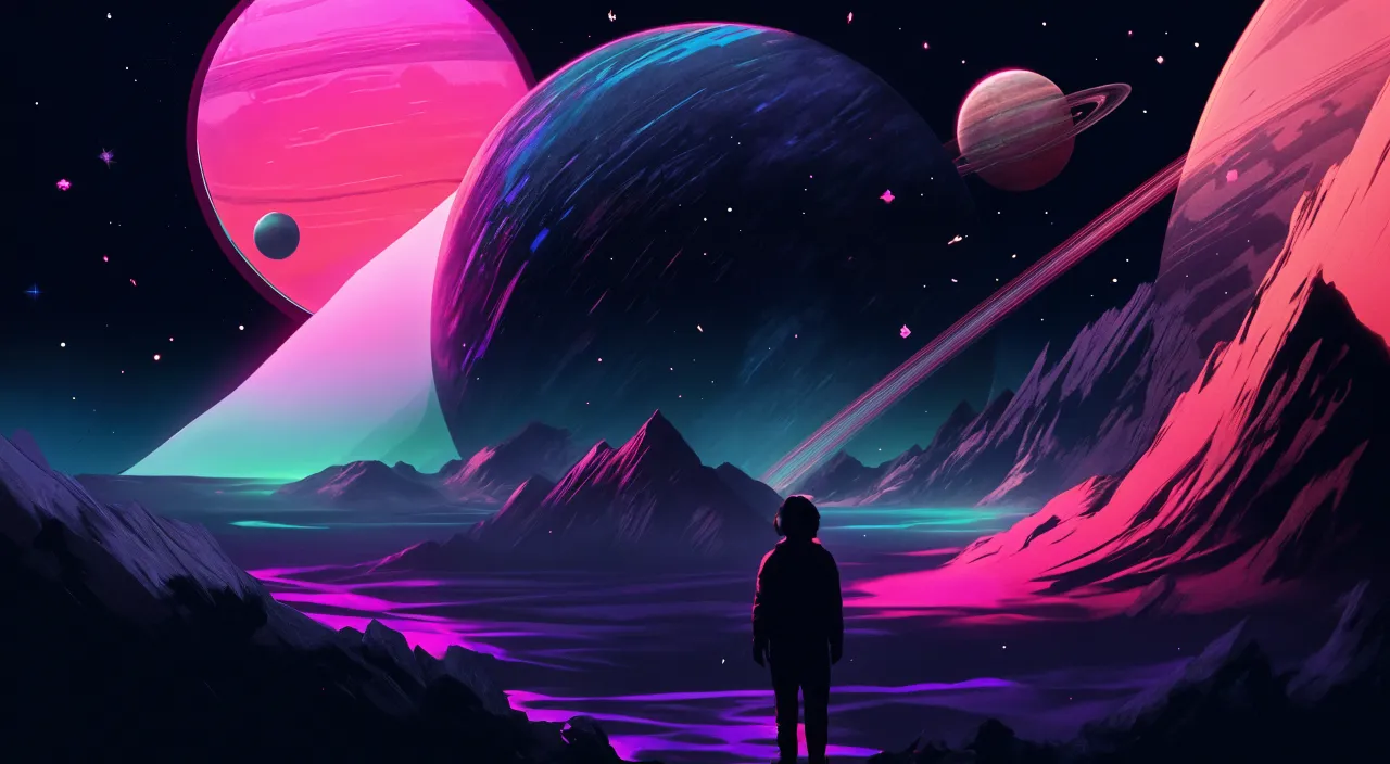 a man standing in the middle of a space filled with planets