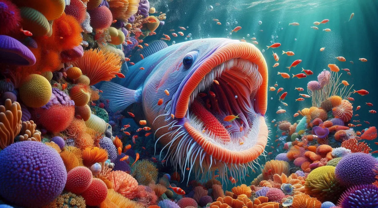 a colorful fish is moving lips under water