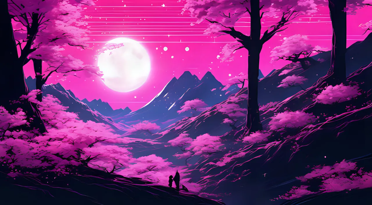 two people standing on a hill under a pink sky surrounded by cherry blossom trees