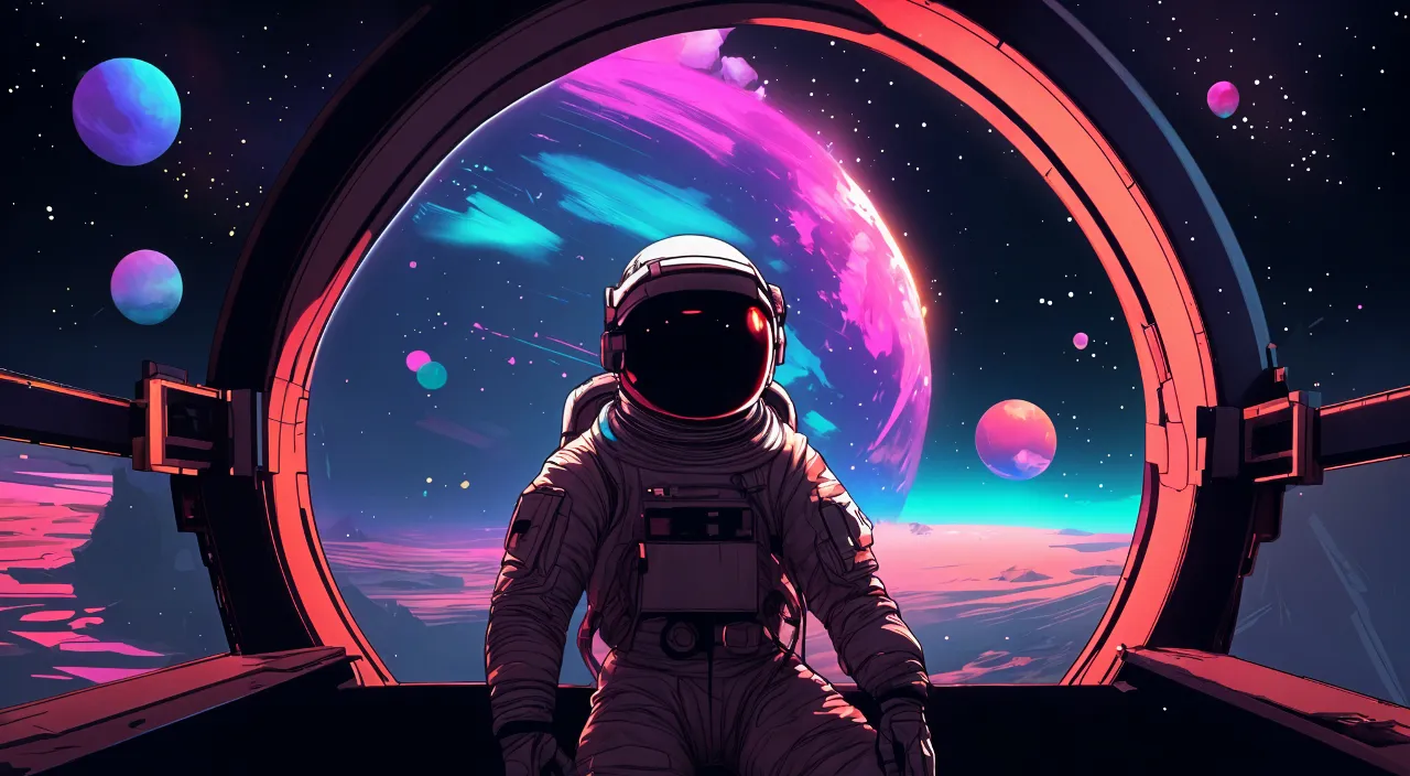 an astronaut sitting in front of a window with planets and stars behind