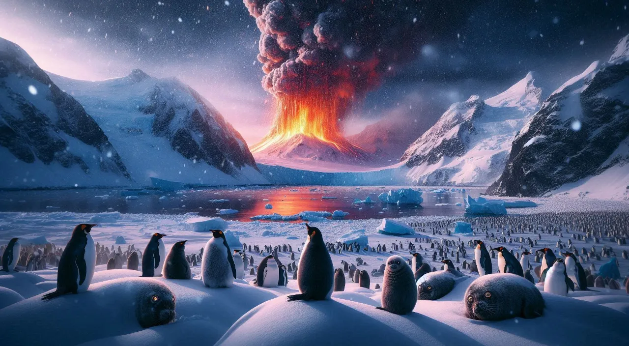 a group of penguins standing and curious for volcano 