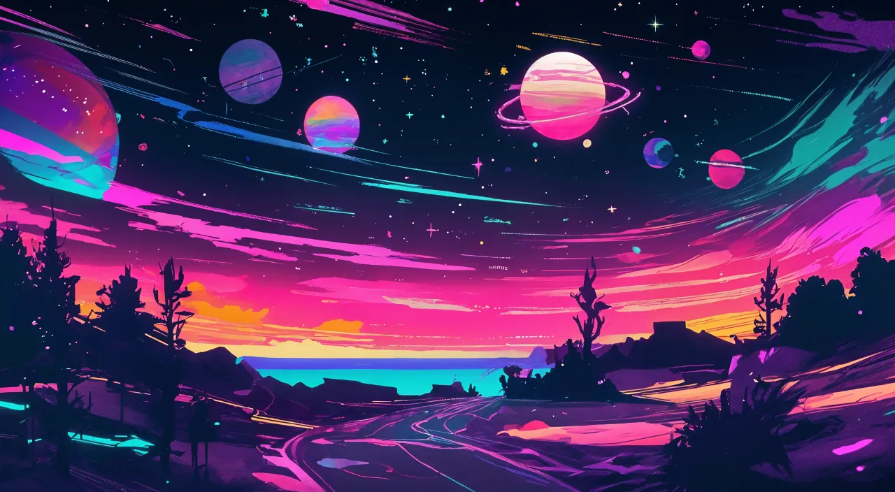 a painting of a sunset with planets in the sky and a road down the middle