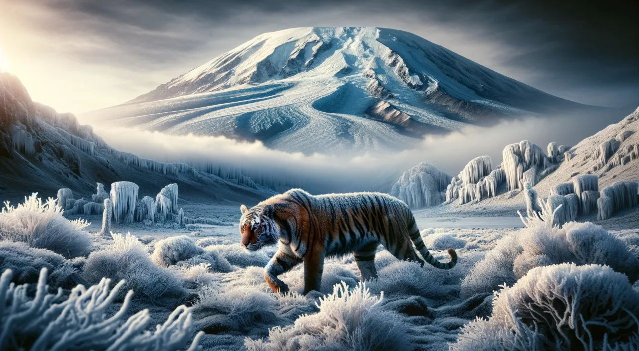 a tiger in a snowy landscape with a mountain in the background