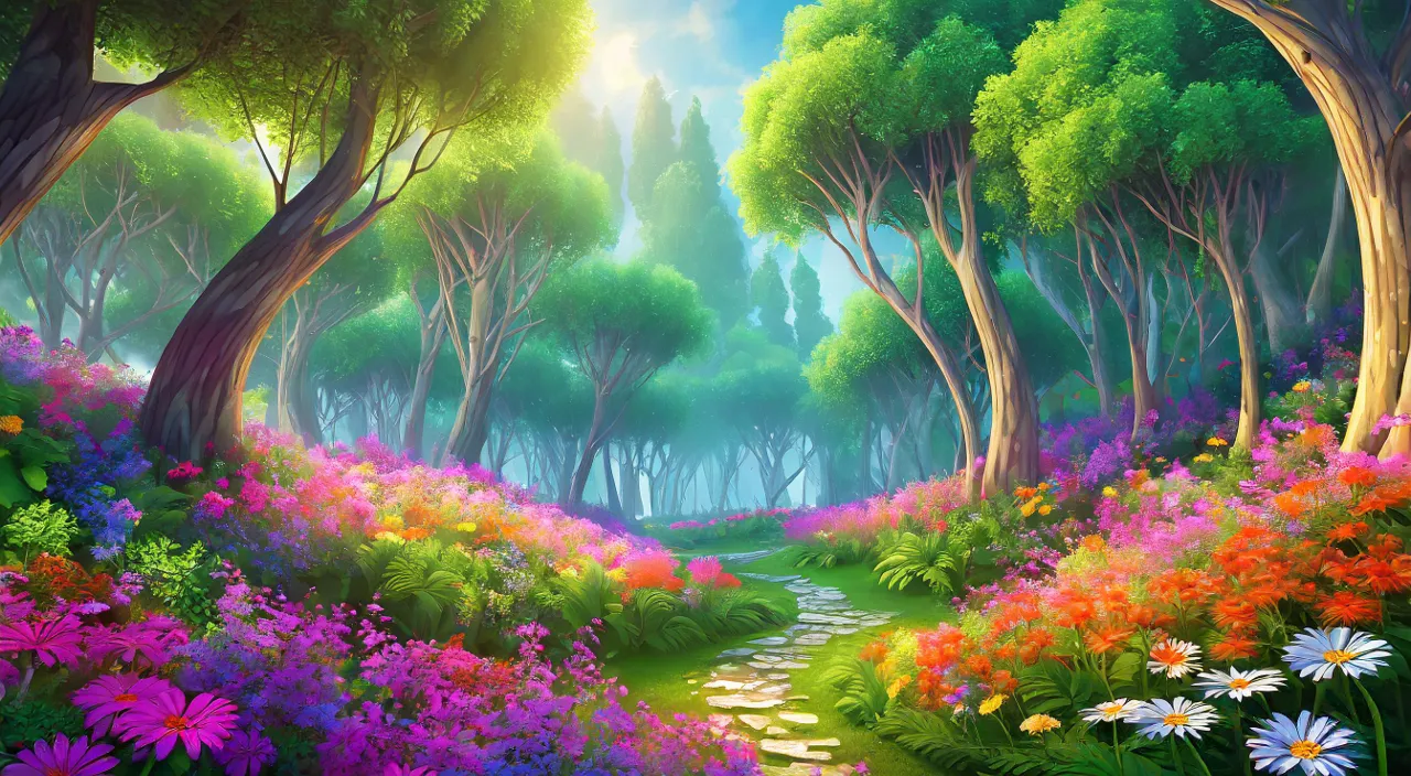 a painting of a forest with flowers and trees