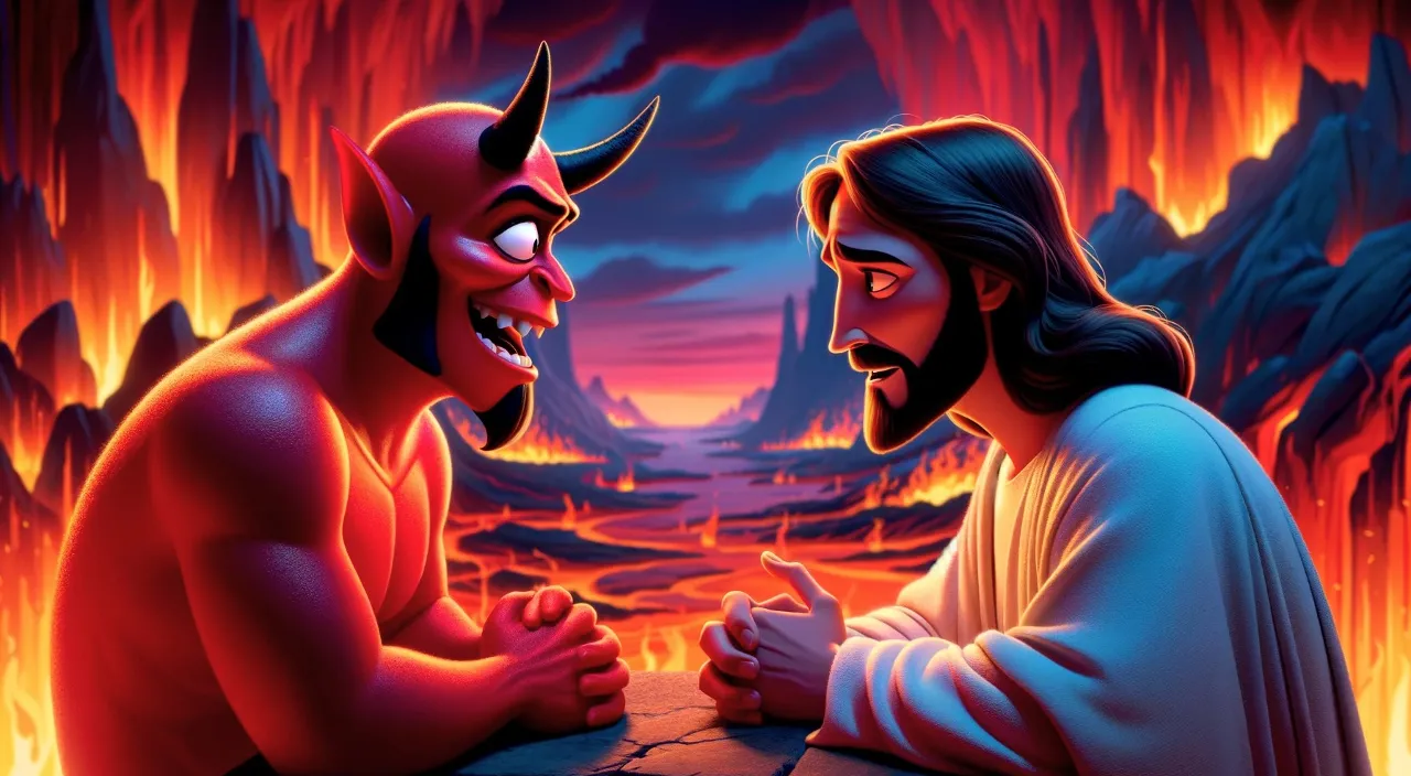 a painting of jesus talking to a demon