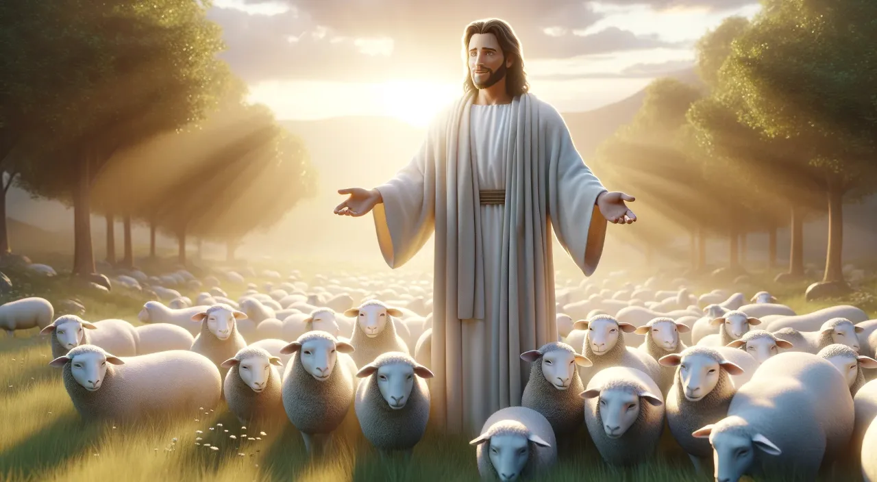 a painting of jesus standing in front of a herd of sheep, Pixar style 