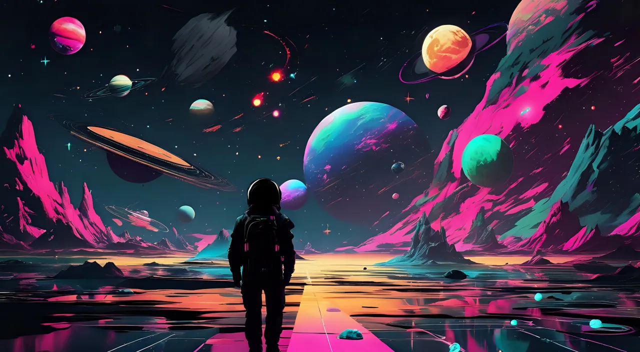 a person standing in front of a space filled with planets