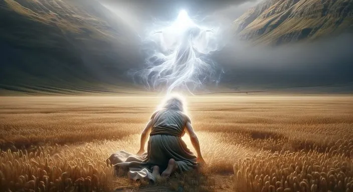 a woman sitting in a field of wheat with a lightning bolt above her head