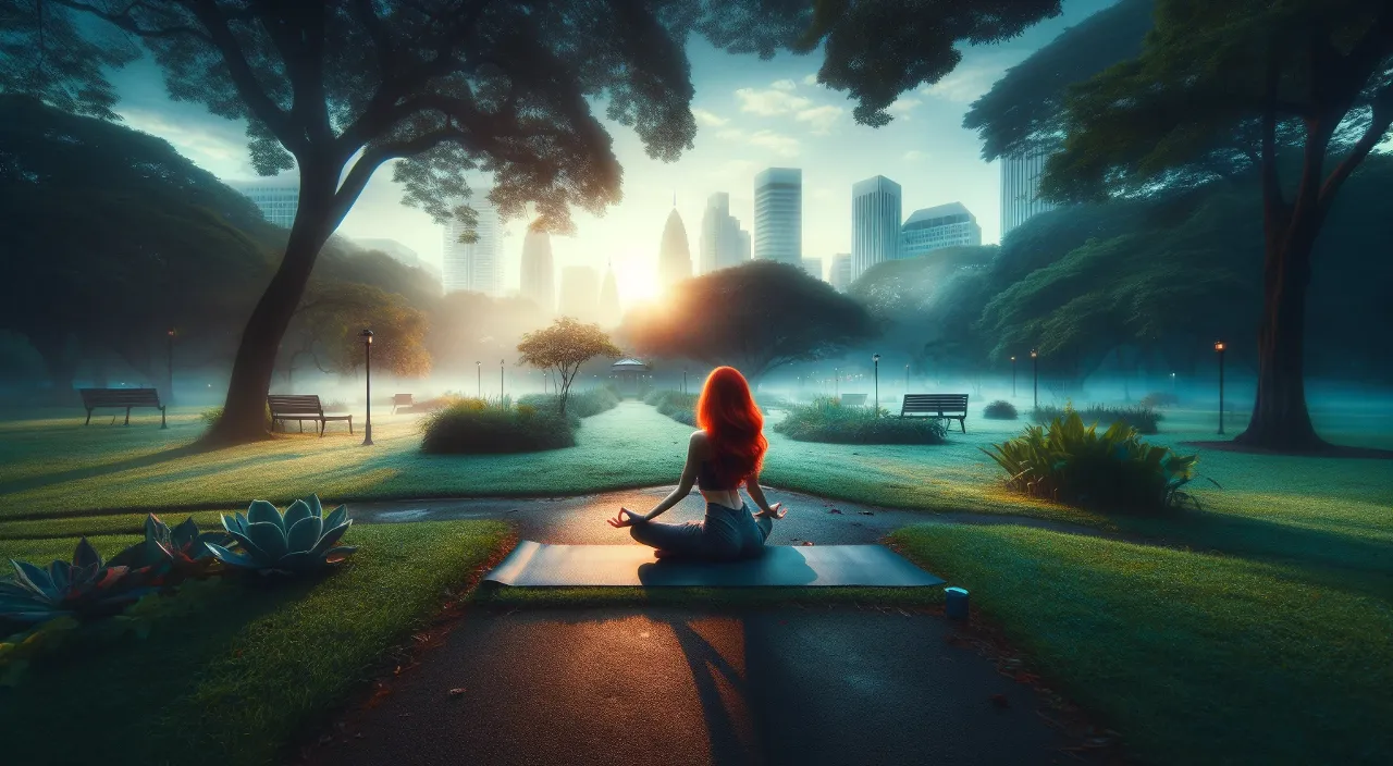 a woman sitting on a yoga mat in a park with an early morning mist, and the city skyline faintly visible in the background with the sunrising.