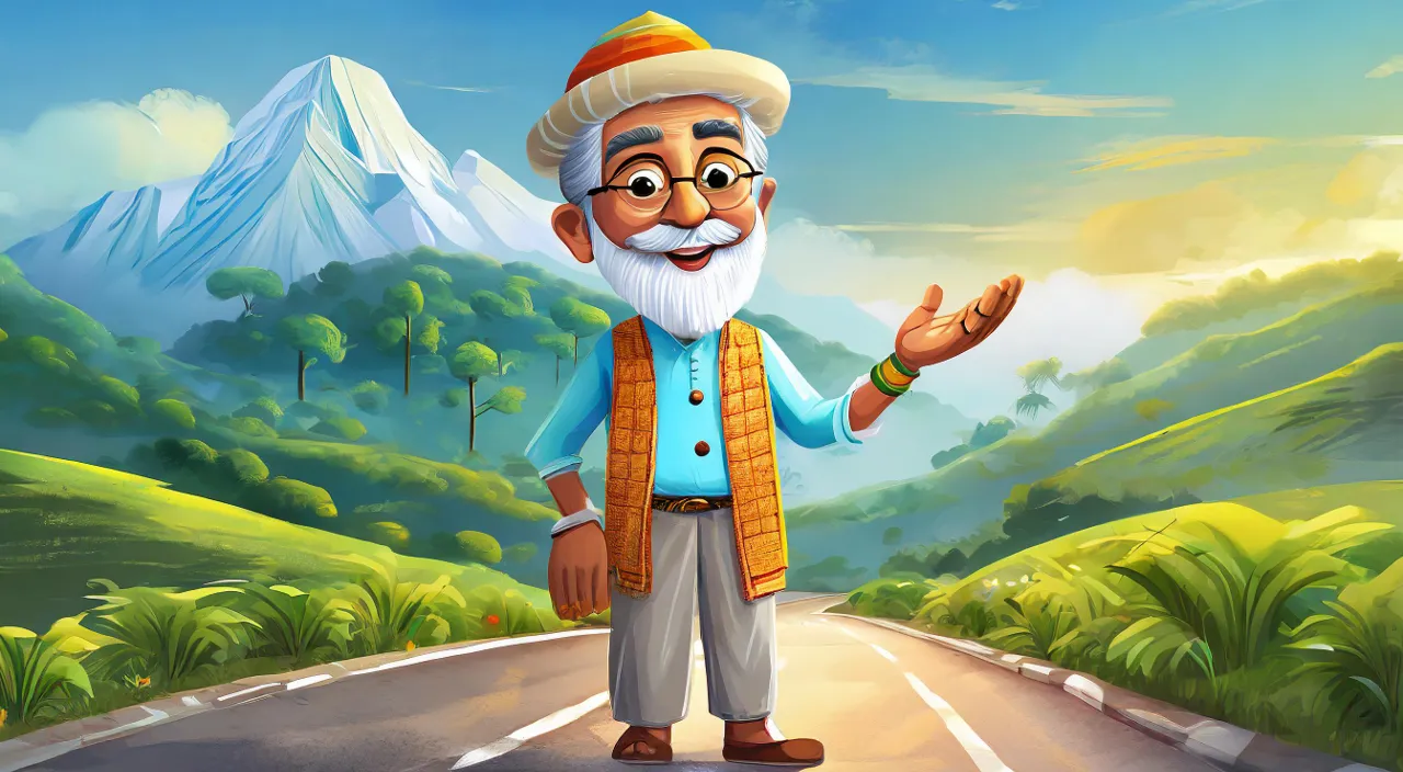 an old man standing on a road with a mountain in the background