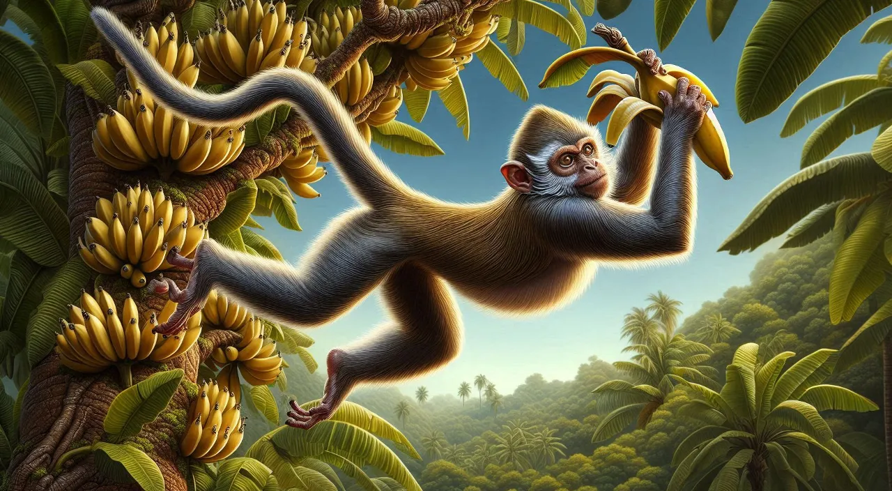 a monkey hanging from a banana tree