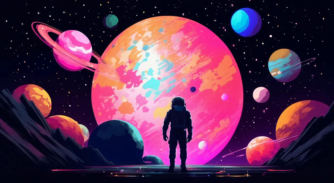 a space man standing in front of space filled with planets and stars